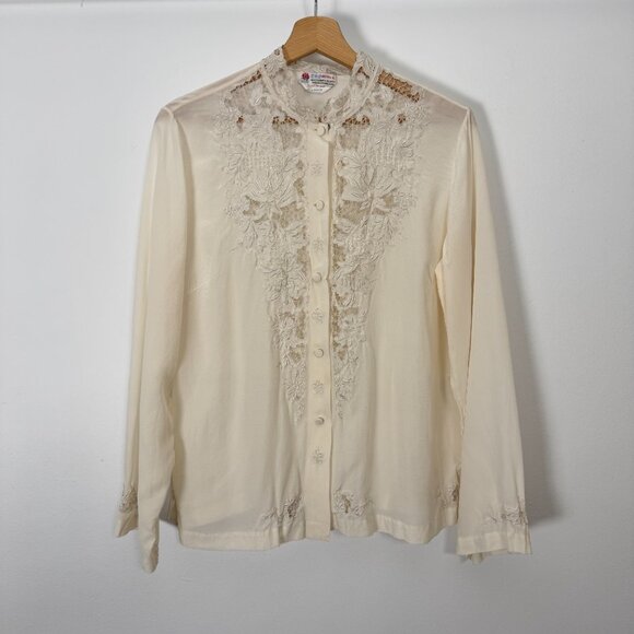Vintage PEONY Embroidered Silk Blouse - Size 38 - Picture 1 of 6